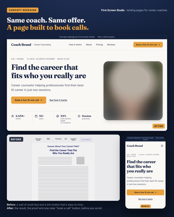 Before and after concept redesign for a career counselor, names and photos hidden