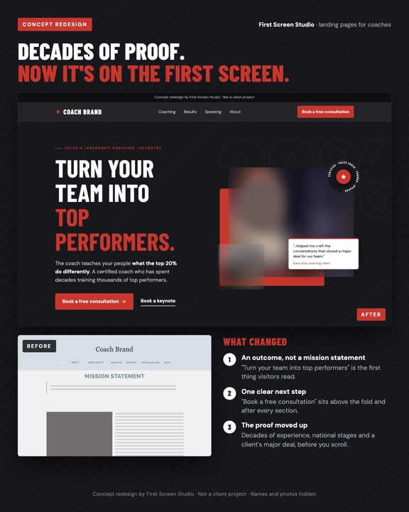 Before and after concept redesign for a sales and leadership trainer, names and photos hidden