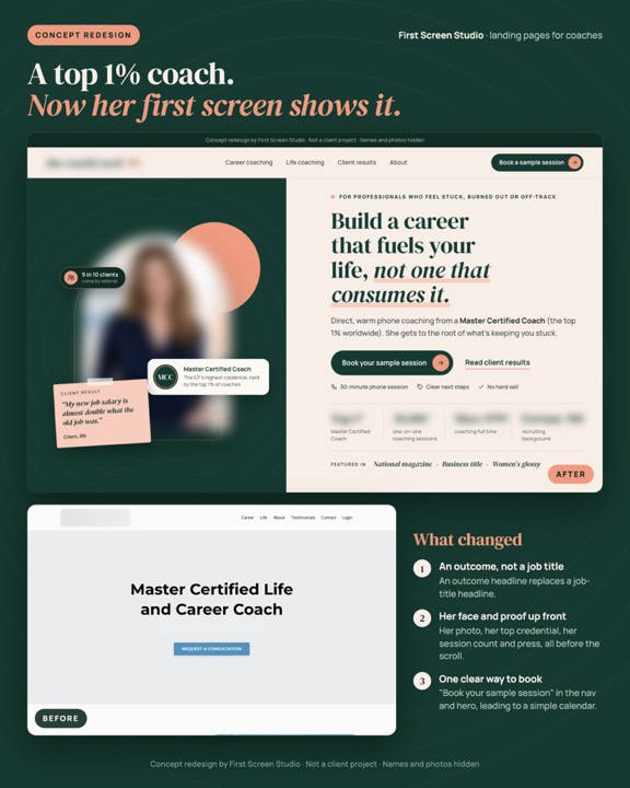 Before and after concept redesign for a master-certified career coach, names and photos hidden